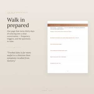 Puede incluir: Una p&aacute;gina informativa beige titulada Walk in prepared, con texto sobre el seguimiento de s&iacute;ntomas para citas m&eacute;dicas. Al lado, una hoja de preparaci&oacute;n para visitas m&eacute;dicas en blanco con encabezados marrones y l&iacute;neas.