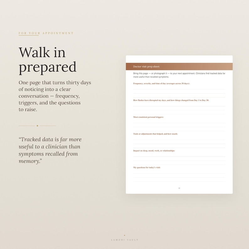 Puede incluir: Una p&aacute;gina informativa beige titulada Walk in prepared, con texto sobre el seguimiento de s&iacute;ntomas para citas m&eacute;dicas. Al lado, una hoja de preparaci&oacute;n para visitas m&eacute;dicas en blanco con encabezados marrones y l&iacute;neas.