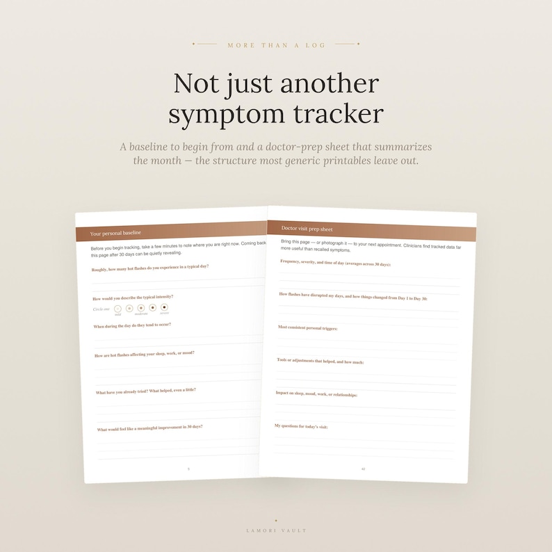 Puede incluir: Un rastreador de s&iacute;ntomas imprimible de dos p&aacute;ginas con el texto "Not just another symptom tracker" y "More than a log". Las p&aacute;ginas incluyen secciones tituladas "Your personal baseline" y "Doctor visit prep sheet" con l&iacute;neas para escribir.
