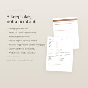 Puede incluir: Un conjunto de planificador de bienestar digital con dos p&aacute;ginas blancas, texto y encabezados marrones. El texto dice: A keepsake, not a printout, 43-page printable PDF, A4 and US Letter sizes included, 30 daily pages, 4 weekly reviews, Lamori Vault.