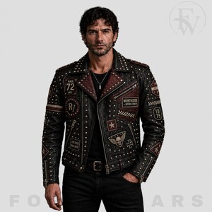 Men's Studded Leather Biker Jacket, Vintage Motorcycle Punk Style, Black Red Rocker Patchwork Streetwear Jacket