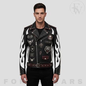 Men's Studded Leather Fringe Biker Jacket, Motorcycle Patches Punk Style Black White Moto Streetwear Jacket