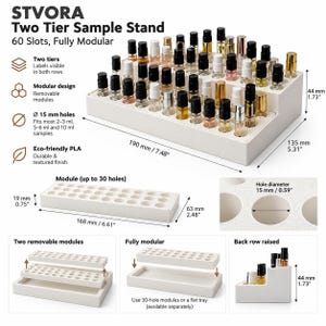 May include: STVORA Two Tier Sample Stand with 60 slots for vials. The white modular display measures 7.48 inches long, 5.31 inches wide, and 1.73 inches high. It features removable modules with 15 mm diameter holes, designed for 2-10 ml samples.