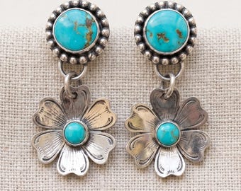 Oorbellen met echte turkooizen bloemmotief – 925 sterling zilver, onregelmatige edelsteen