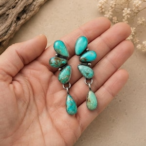 May include: A pair of dangle earrings featuring multiple teardrop-shaped turquoise stones set in silver. Each earring consists of three distinct turquoise segments arranged vertically, with a larger teardrop stone hanging at the bottom.