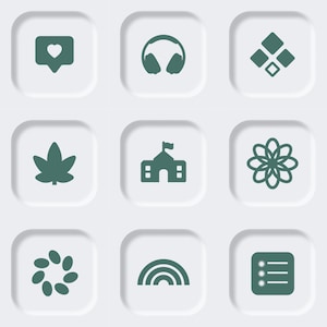 May include: A grid of nine dark green icons set within rounded square indentations on a light gray background. The icons depict a heart speech bubble, headphones, a diamond pattern, a leaf, a building, a flower, a circular shape, a rainbow, and a list.