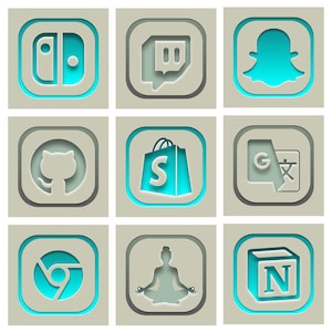 Pode incluir: Uma grade de nove ícones de aplicativos quadrados com acabamento fosco cinza claro e recortes embutidos que revelam um interior brilhante em ciano. Os ícones exibem símbolos para um controle, Twitch, Snapchat, GitHub, Shopify, Google Translate, Chrome, meditação e Notion.