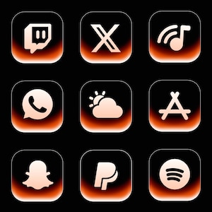 May include: A grid of nine square app icons featuring a black background with a glowing orange gradient at the bottom. The icons display white symbols for Twitch, X, music, WhatsApp, weather, App Store, Snapchat, PayPal, and Spotify on a black field.