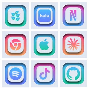 May include: A grid of nine square app icons with rounded corners, each featuring a unique symbol including a leaf sprig, Hulu logo, Netflix N, Chrome logo, Apple logo, starburst, Spotify logo, TikTok logo, and GitHub cat, all on gradient backgrounds.