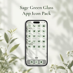 May include: A smartphone screen displaying a collection of sage green glass-style app icons. The text Sage Green Glass App Icon Pack is visible at the top. The icons feature various symbols including a clock, phone, mail, and camera in dark green.