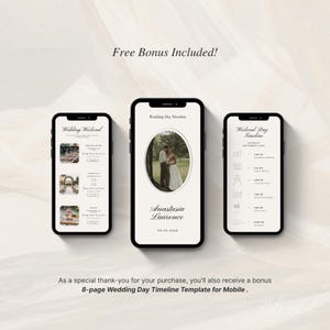May include: Three smartphones displaying digital wedding timeline templates. The screens show text including Wedding Weekend, Wedding Day Timeline, Anastasia Laurence, and 09.09.2030, alongside a circular photograph of a couple and various event icons.