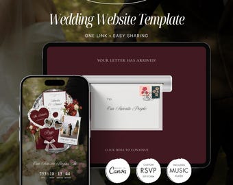 May include: A digital wedding website template displayed on a smartphone and tablet screen. The design features a burgundy color scheme with an envelope graphic labeled 'YOUR LETTER HAS ARRIVED!' and a countdown timer. Text includes 'BURGUNDY OLD MONEY', 'Wedding Website Template', 'ONE LINK', and 'EASY SHARING'.