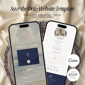 Può includere: Due smartphone mostrano un modello di sito web Save the Date con una cronologia del giorno del matrimonio. Gli schermi presentano una busta blu navy, un calendario con un cuore sul 9 e testo che include Anastasia & Laurence e Made in Canva.