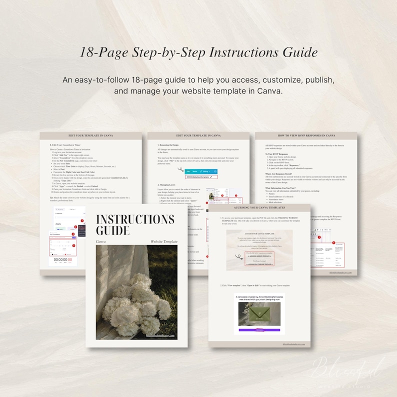 May include: An 18-page step-by-step instructions guide for a website template in Canva. The document features text headers, numbered lists, and screenshots showing how to edit, customize, and manage templates, with a cover page showing flowers.