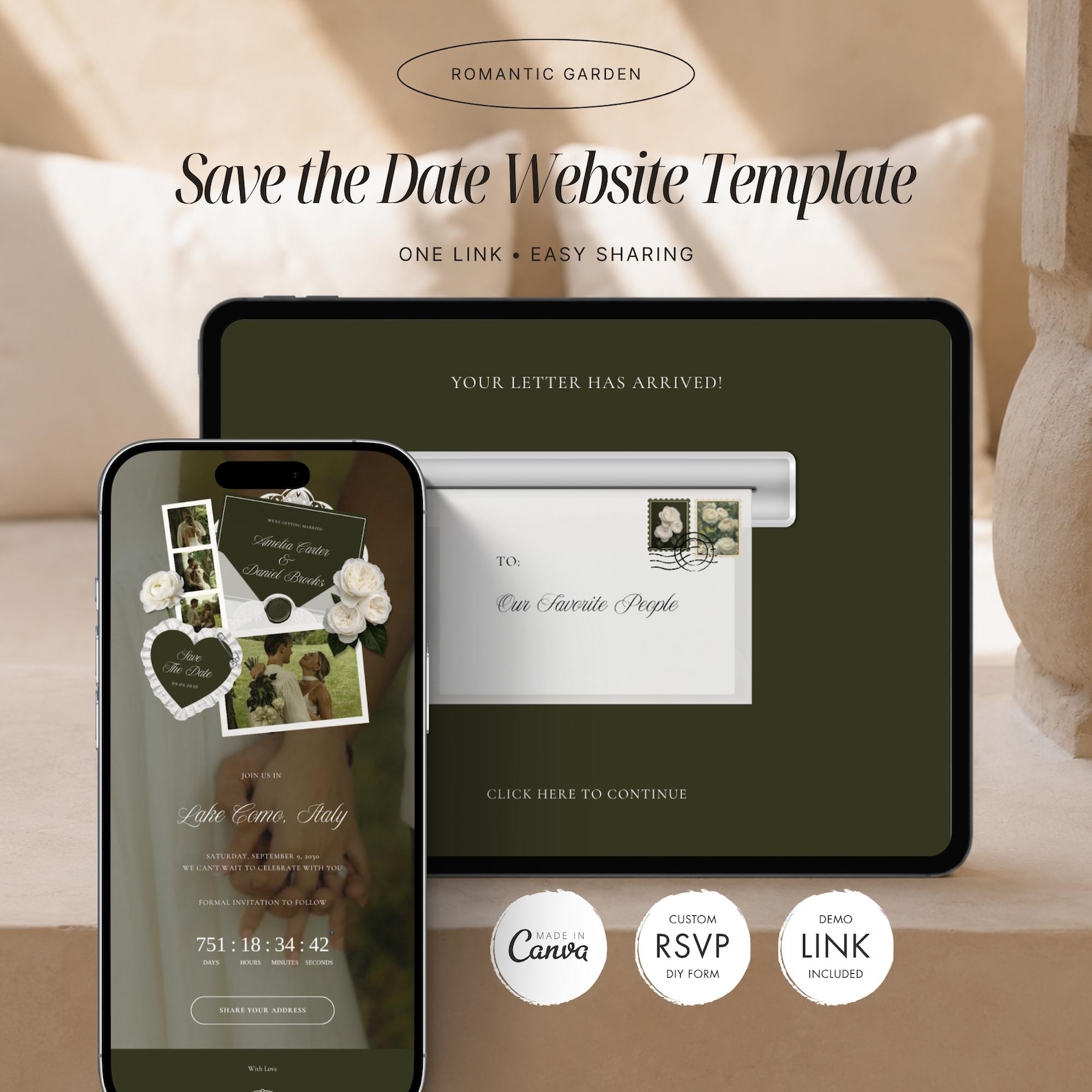 Romantic Olive Green Save the Date Website Template, Interactive ...