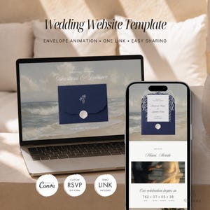 Navy Blue & Ivory Beach Wedding Website Template, Editable Wedding Invitation with RSVP Online, Mobile Friendly Design