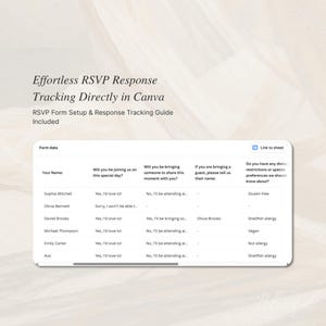 May include: A digital RSVP response tracking form displayed on a white background. The text reads Effortless RSVP Response Tracking Directly in Canva and RSVP Form Setup & Response Tracking Guide Included. The table shows guest names and responses.