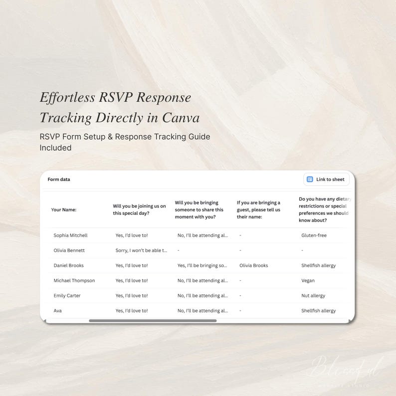May include: A digital RSVP response tracking form displayed on a white background. The text reads Effortless RSVP Response Tracking Directly in Canva and RSVP Form Setup & Response Tracking Guide Included. The table shows guest names and responses.