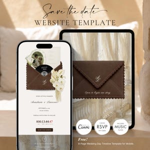 Website-sjabloon voor Save the Date in bruin en ivoor | Bewerkbare digitale trouwuitnodiging van Canva met RSVP en afteltimer | Stijl van olieverfschilderij