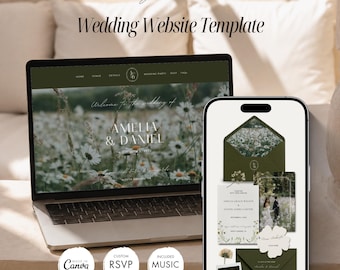 May include: A laptop and smartphone displaying a Countryside Garden wedding website template. The screen shows a field of daisies, the names Amelia & Daniel, and navigation menus. The phone displays matching stationery, including envelopes and cards.