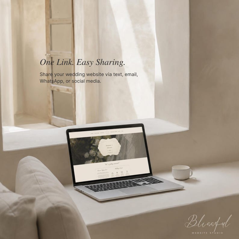 May include: A silver laptop displaying a wedding website design with green envelopes and floral graphics. Text on the screen reads: One Link. Easy Sharing. Share your wedding website via text, email, WhatsApp, or social media. A white mug sits nearby.
