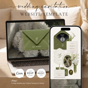 Può includere: Un modello di sito web per partecipazioni di nozze visualizzato su uno schermo di laptop e smartphone. Il design presenta buste verde salvia, accenti floreali bianchi, una foto di una coppia e testi come "wedding invitation" e "website template".