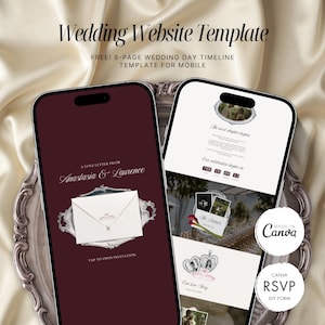 Può includere: Due smartphone che mostrano un modello di sito web per matrimoni. Lo schermo sinistro mostra uno sfondo rosso scuro con il testo A LOVE LETTER FROM Anastasia & Laurence e un'icona a busta. Lo schermo destro mostra un layout bianco.