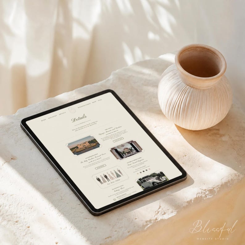 May include: A tablet displaying a website titled Details with sections for accommodations and event information, featuring small images of a building and an interior space, alongside a ribbed, light-colored ceramic vase with a wide opening.
