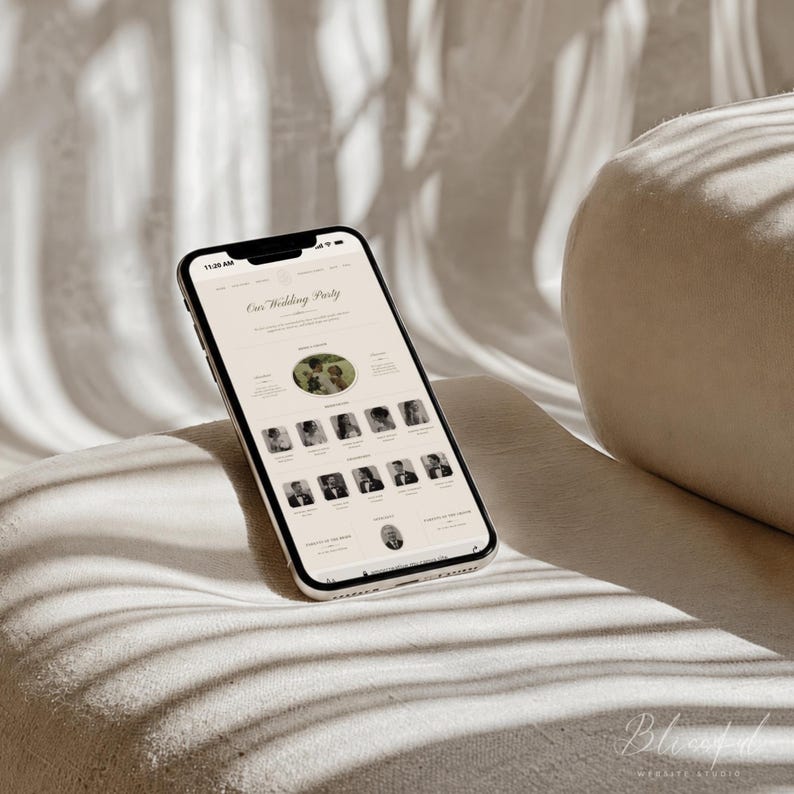 May include: A smartphone displaying a wedding party website template with a cream-colored background. The screen shows the text Our Wedding Party, a circular photo, and a grid of smaller rectangular portraits of individuals in formal attire.