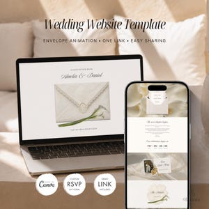 Modello di sito web per matrimonio romantico con RSVP, invito digitale con lettere avorio scaricabile, sito web Canva modificabile per matrimoni