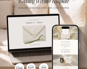 Romantic Wedding Website Template with Rsvp, Ivory Letter digital Invitation Download, Editable Canva Website for Wedding