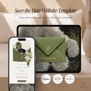 Olive Letter Save the Date Website Template Canva | Editable Digital Wedding Invitation with RSVP & Countdown Timer | Instant Download