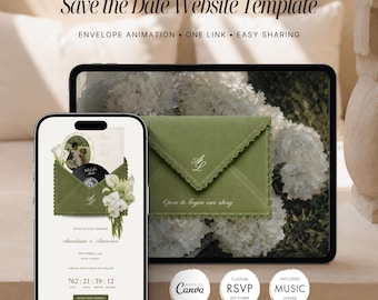 Modèle de site web « Save the Date » Olive Letter pour Canva | Invitation de mariage numérique modifiable avec RSVP et compte à rebours | Téléchargement instantané