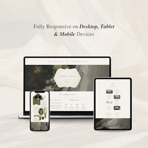 May include: A laptop, tablet, and smartphone displaying a wedding website design with a neutral color palette. The text "Fully Responsive on Desktop, Tablet & Mobile Devices" appears above the devices, showcasing a cohesive digital layout.