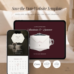 Plantilla de sitio web de lujo para anunciar la fecha de la boda, invitación digital interactiva editable en Canva, confirmación de asistencia y recopilación de direcciones.