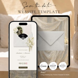 Puede incluir: Una plantilla de sitio web para invitaciones de boda mostrada en un teléfono inteligente y una tableta. La pantalla muestra un gráfico de sobre, detalles florales, un reproductor de música y el texto Save the date WEBSITE TEMPLATE, Anastasia & Laurence, RSVP.