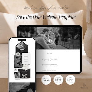 Op de afbeelding: Een save-the-date website template weergegeven op een smartphone en tabletscherm. Het ontwerp heeft een zwart-wit kleurenschema met elegante typografie, een monogram van een koppel en tijdelijke aanduidingen voor evenementdetails en foto's.