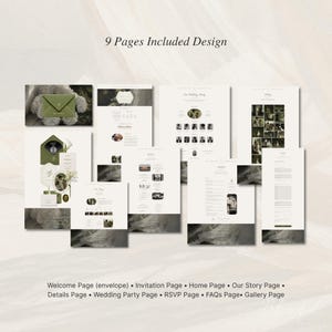 May include: A digital wedding website template set featuring 9 pages including a welcome envelope, invitation, home, story, details, wedding party, RSVP, FAQs, and gallery page. The design uses a white and sage green color palette.
