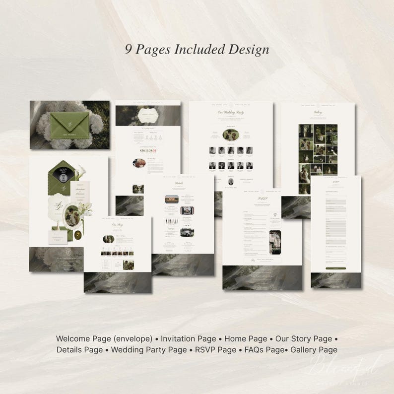 May include: A digital wedding website template set featuring 9 pages including a welcome envelope, invitation, home, story, details, wedding party, RSVP, FAQs, and gallery page. The design uses a white and sage green color palette.