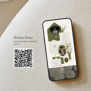 May include: A smartphone displaying a digital wedding invitation suite featuring olive green envelopes, white cards with floral accents, a circular photo frame, and a QR code labeled Website Demo scan to preview on another device.