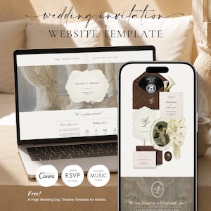 Può includere: Un modello di sito web per inviti di nozze visualizzato su un computer portatile e uno smartphone. Lo schermo mostra un'interfaccia color crema con tipografia elegante, un lettore musicale, moduli RSVP e una galleria fotografica.