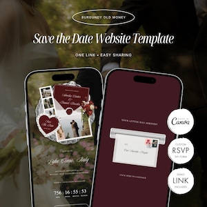 Peut inclure: Un modèle de site web numérique Save the Date pour appareils mobiles avec un thème bordeaux. L'écran affiche les détails d'une invitation de mariage, un compte à rebours et un graphique d'enveloppe interactif avec le texte Your Letter Has Arrived.