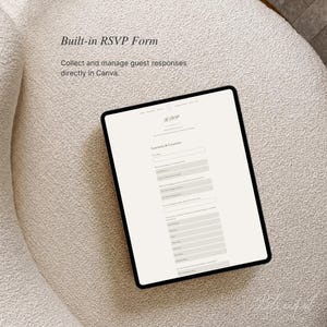 May include: A tablet screen displaying a digital RSVP form for a wedding featuring the names Anastasia & Laurence. The interface includes fields for guest names and attendance options. Text on the screen reads Built-in RSVP Form.