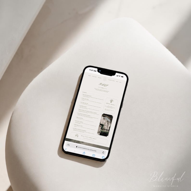 May include: A black smartphone displaying a website interface with the text "BELLE" at the top. The screen shows a list of menu options, a small square image of a bouquet, and a rectangular image of a building, all on a clean white background.