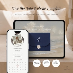 Modello di sito web "Save the Date" a tema costiero, invito di nozze digitale modificabile con modulo RSVP e di condivisione dell'indirizzo, ottimizzato per dispositivi mobili.
