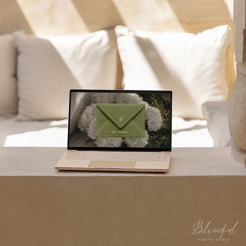May include: A laptop displaying an image of a sage green envelope with scalloped edges and white monogram lettering on its screen. The envelope graphic is set against a background featuring white fabric and floral elements.