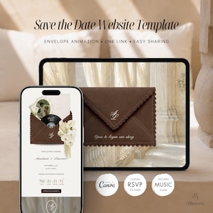 Brown and Ivory Save the Date Website Template | Editable Canva Digital Wedding Invitation with RSVP, Countdown Timer | Oil Painting Style