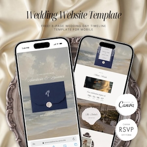 Può includere: Due smartphone mostrano un modello di sito web per matrimoni a tema spiaggia. Gli schermi presentano testo tra cui Wedding Website Template, A Love Letter From Anastasia & Laurence e RSVP. Un badge circolare indica Made in Canva.