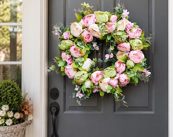 Corona de rosas y peonías artificiales, adorno floral para puerta de primavera/verano, decoración rústica estilo granja.