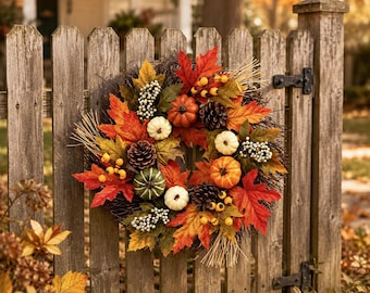 Corona de otoño artesanal: calabazas, hojas de arce, piñas, decoración de cosecha.